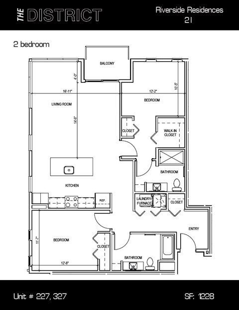 Floor plan for 2 beds, 2 baths, 1227 sqft